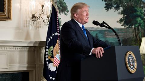President Trump speaks about the Iran deal from the Diplomatic Reception room of the White House, October 13, 2017 (BRENDAN SMIALOWSKI/AFP/Getty Images)