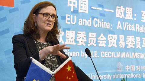 Cecilia Malmstrom delivers a speech at University of International Business and Economics in Beijing, July 11, 2016 (VCG/VCG via Getty Images)