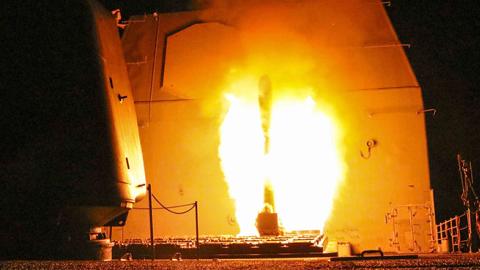 Tomahawk cruise missile launched at Syria, April 14, 2018 (Matthew Daniels/U.S. Navy via Getty Images)