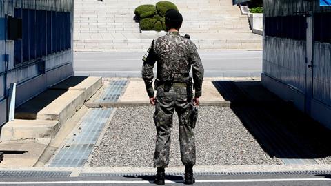 South Korean soldiers stand guard at the border village of Panmunjom between South and North Korea, April 11, 2018 (Chung Sung-Jun/Getty Images)