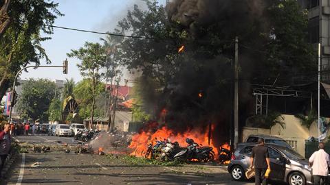 Bomb blast at Surabaya Pantekosta Center Church in Indonesia, May 13, 2018 (Surabaya Goverment Handout/Andy Pinaria/Getty Images)