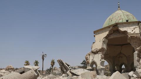 Ruins of a mosque in Mosul, Iraq, July 9, 2017 (Hemn Baban/Anadolu Agency/Getty Images)