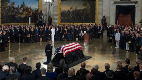 The casket containing the late Sen. John McCain lies in state in the Capitol rotunda on August 31, 2018. (Photo By Tom Williams/CQ Roll Call)