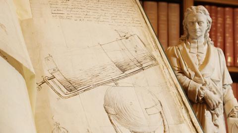 A drawing by Isaac Newton of his telescope next to a statue of him at the Royal Society in London, November 24, 2009 (Peter Macdiarmid/Getty Images)