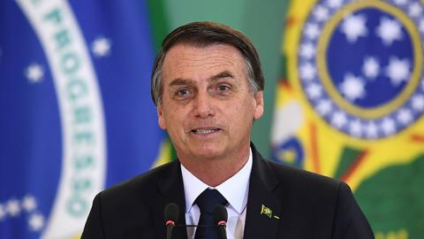 Brazilian President Jair Bolsonaro delivers a speech during the appointment ceremony of the new heads of public banks, at Planalto Palace in Brasilia on January 7, 2019. (EVARISTO SA/AFP/Getty Images)