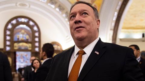 U.S. Secretary of State Mike Pompeo speaks to the press in the newly inaugurated Cathedral of the Nativity Christ, in Egypt's New Administrative Capital, on January 10, 2019. (ANDREW CABALLERO-REYNOLDS/AFP/Getty Images)