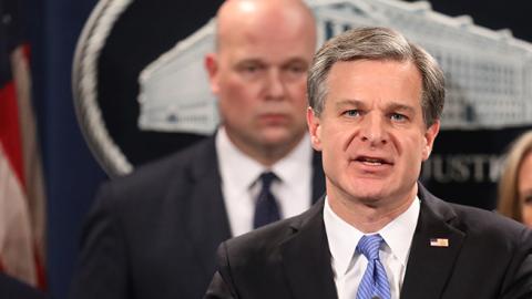 Federal Bureau of Investigation Director Christopher Wray announces new criminal charges against Chinese telecommunications giant Huawei at the Department of Justice on January 28, 2019 in Washington, DC. 