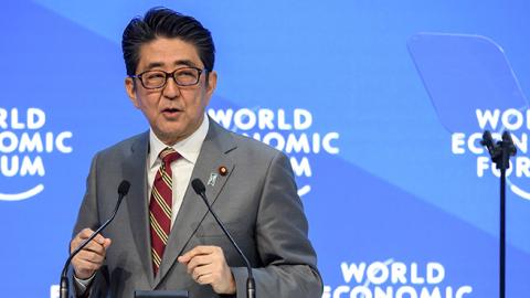 Japanese Prime Minister Shinzo Abe delivers a speech during the World Economic Forum (WEF) annual meeting, on January 23, 2019 in Davos, Switzerland. (FABRICE COFFRINI/AFP/Getty Images)