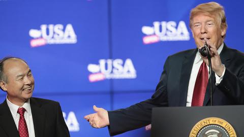  President Donald Trump and Masayoshi Son, founder and chief executive officer of SoftBank, participate in a groundbreaking ceremony for the $10 billion Foxconn factory complex on June 28, 2018 in Mt. Pleasant, Wisconsin. (Scott Olson/Getty Images)