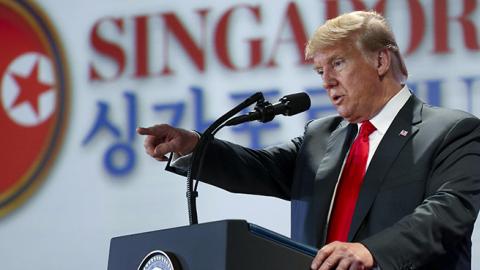 U.S. President Donald Trump speaks during a press conference after the meeting with North Korea's leader Kim Jong Un at the Capella Hotel on June 12, 2018 in Singapore. (Liu Zhen/China News Service/VCG via Getty Images)