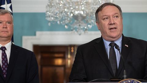 U.S. Secretary of State Mike Pompeo announces Steve Biegun as special representative to North Korea at the State Department in Washington, DC, on August 23, 2018. (NICHOLAS KAMM/AFP/Getty Images)