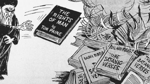 Cartoon published in the British newspaper the INDEPENDENT in which the Ayatollah Khomeini is throwing a copy of THE RIGHTS OF MAN by Tom Paine onto a bonfire stoked with copies of THE SATANIC VERSES by Salman Rushdie. (Terry Smith/The LIFE Images Collect