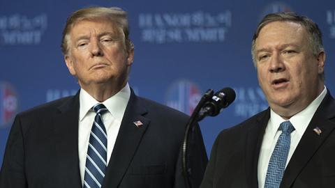 U.S. secretary of state, Mike Pompeo, speaks at a news conference while U.S. President Donald Trump looks on following his second summit meeting with North Korean leader Kim Jong-un on February 28, 2019 in Hanoi, Vietnam. (Tuan Mark/Getty Images)