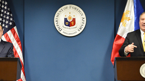 US Secretary of State Michael Pompeo (R) speaks during a joint press conference with Philippines' Foreign Affairs Secretary Teodoro Locsin Jnr at the foreign affairs office in Manila on March 1, 2019. (TED ALJIBE/AFP/Getty Images)