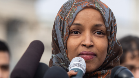 US Rep. Ilhan Omar, Democrat of Minnesota, speaks during a press conference calling on Congress to cut funding for US Immigration and Customs Enforcement (ICE) and to defund border detention facilities, outside the US Capitol (SAUL LOEB/AFP/Getty Images)