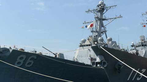 US and Japanese (R) Navy ships are pictured docked at a harbour during the inauguration of joint naval exercises with India in Chennai on July 10, 2017. (ARUN SANKAR/AFP/Getty Images)