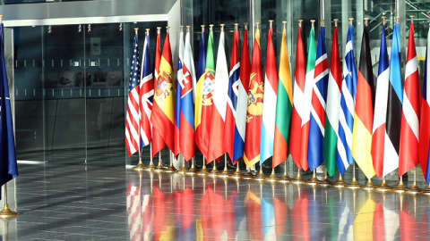 Flags of NATO member states are seen ahead of the NATO Foreign Ministers meeting at NATO Headquarters in Brussels, Belgium on December 04, 2018. (Dursun Aydemir/Anadolu Agency/Getty Images)