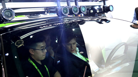 Cameras are visible on the exterior of an Nvidia self-driving car inside the Nvidia booth during CES 2019 at the Las Vegas Convention Center on January 8, 2019 in Las Vegas, Nevada. (Justin Sullivan/Getty Images)