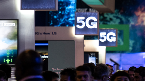  Three logos with the 5G are seen during the MWC2019. (SOPA Images via Getty Images)