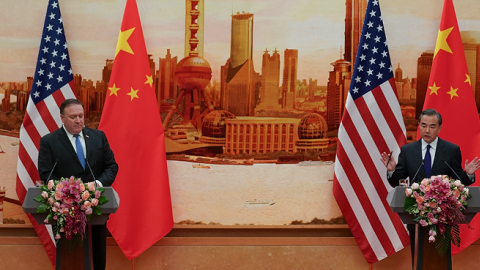 Chinese Foreign Minister Wang Yi (R) speaks during a press conference with U.S. Secretary of State Mike Pompeo (L) at the Great Hall of the People on June 14, 2018 in Beijing, China. (Lintao Zhang/Getty Images)