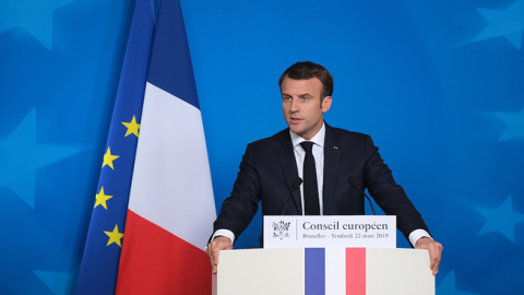 French President Emmanuel Macron speaks to the media at the conclusion of a two-day EU summit on March 22, 2019 in Brussels, Belgium. (Sean Gallup/Getty Images)