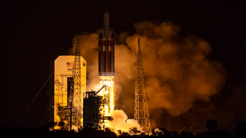 The United Launch Alliance Delta IV Heavy rocket launches NASA's Parker Solar Probe to touch the Sun from Launch Complex 37 at Cape Canaveral Air Force Station on August 12, 2018. (NASA via Getty Images)