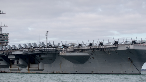  The US warship USS Harry S. Truman is pictured anchored in The Solent on October 8, 2018 near Portsmouth, England. (Matt Cardy/Getty Images)