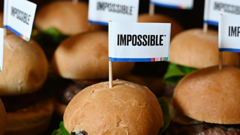 The Impossible Burger 2.0, the new version of the company's plant-based vegan burger that tastes like real beef is introduced at a press event during CES 2019 in Las Vegas on January 7, 2019. (ROBYN BECK/Getty Images)