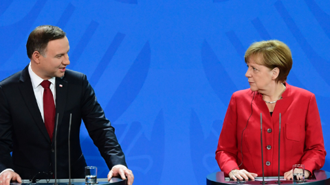 German Chancellor Angela Merkel and Polish President Andrzej Duda give a statement before talks at the Chancellery in Berlin on June 17, 2016. (JOHN MACDOUGALL/Getty Images)