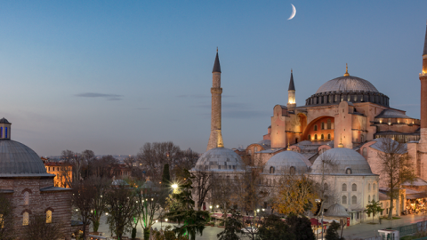 The Hagia Sophia and Haseki Hurrem Turkish Bath Complex at night, Istanbul, Turkey. (Getty Images)