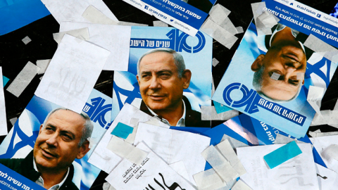 On April 10, 2019 Israeli Likud Party campaign material and posters of Prime Minister Benjamin Netanyahu strewn on the floor following election night at the party headquarters in the coastal city of Tel Aviv. (JACK GUEZ/Getty Images)
