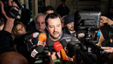 Italy's Deputy Prime Minister and Interior Minister, Matteo Salvini, speaks to members of the press outside Palazzo Chigi in Rome, Italy on February 14, 2019. (NurPhoto/Getty Images)