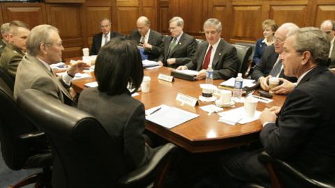 President George W. Bush meets with his National Security team in the White House Situation Room, Friday, March 10, 2006, on the latest developments in Iraq. (Eric Draper)