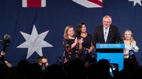 Newly elected Prime Minister of Australia Scott Morrison speaks at the Liberal Party reception at the Sofitel Wentworth Hotel on May 18, 2019 in Sydney, Australia. (Brook Mitchell/Getty Images)