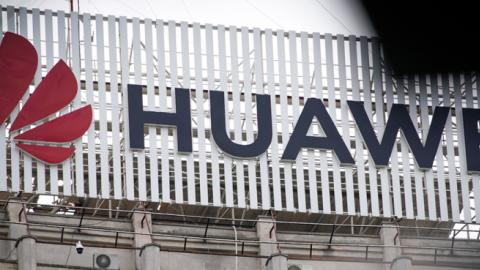 A Huawei logo is seen on top of an office building in Bucharest, Romania on May 1, 2019. (NurPhoto/Getty Images)