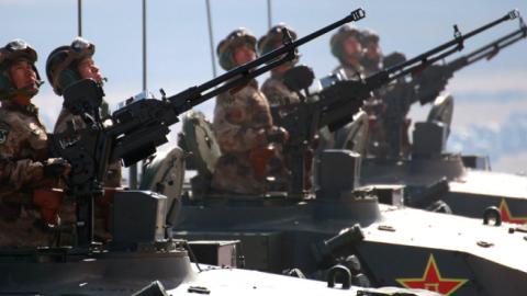 Chinese military vehicles take part in the Vostok-2018 military exercise held jointly by the Russian Armed Forces and the Chinese People's Liberation Army on September 13, 2018. (China News Service/Getty Images)