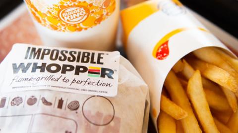 In this photo illustration, an 'Impossible Whopper' sits on a table at a Burger King restaurant on April 1, 2019 in Richmond Heights, Missouri. (Getty Images)