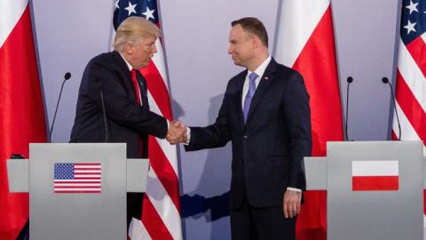 Polish President Andrzej Duda and US President Donald Trump shake hands after a joint press conference at the Royal Castle in Warsaw, Poland, July 6, 2017. (WOJTEK RADWANSKI/Getty Images)