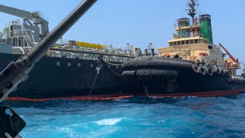 Japanese oil tanker Kokuka Courageous off the port of the Gulf emirate of Fujairah on June 19, 2019. The tanker was attacked in the Gulf of Oman last week by limpet mine resembling Iranian mines. (MUMEN KHATIB/AFP/Getty Images)