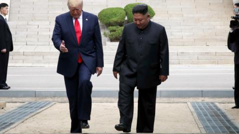 North Korean leader Kim Jong Un and U.S. President Donald Trump inside the demilitarized zone (DMZ) separating the South and North Korea on June 30, 2019. (Getty Images)