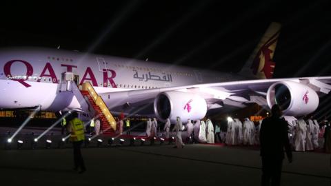 Qatar Airways' first Airbus A380 is seen during a ceremony at Hamad International Airport in Doha, Qatar on September 18, 2014. (Getty Images)