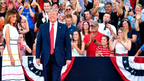 US President Donald Trump and US First Lady Melania Trump arrive for the "Salute to America" Fourth of July event at the Lincoln Memorial in Washington, DC, July 4, 2019. (Getty Images)