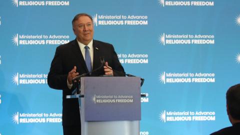 U.S. Secretary of State Mike Pompeo delivers opening remarks during the second Ministerial to Advance Religious Freedom, at the Department of State, July 16, 2019 in Washington, DC. (Getty Images)