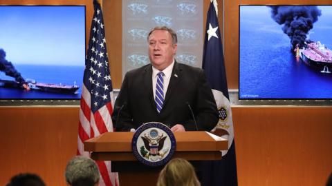 U.S. Secretary of State Mike Pompeo speaks from the State Department briefing room on June 13, 2019 in Washington, DC. (Win McNamee/Getty Images)