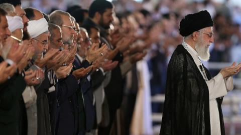 Supreme Leader of Iran, Ali Khamenei leads the Eid al-Fitr Prayer at Grand Prayer Grounds in Tehran, Iran on June 26, 2017. (Getty Images)