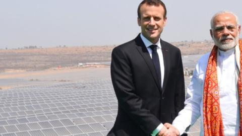 A file photo of French President Emmanual Macron with PM Modi. (Twitter, @narendramodi)