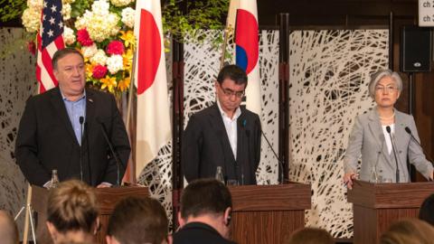 U.S. Secretary of State Michael R. Pompeo participates in a press conference following a trilateral meeting with Japanese Foreign Minister Tarō Kōno and Republic of Korea's Foreign Minister Kang Kyung-wha on July 7, 2018 in Tokyo, Japan. (State Department