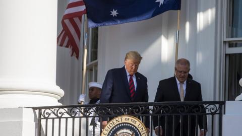 U.S. President Donald Trump and Australian Prime Minister Scott Morrison walk out on the South Portico Porch during an official visit ceremony at the South Lawn of the White House September 20, 2019. (Zach Gibson/Getty Images)