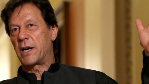 Pakistan Prime Minister Imran Khan makes a brief statement to reporters before a meeting with U.S. House Speaker Nancy Pelosi (D-CA) at the U.S. Capitol July 23, 2019 in Washington, DC. (Chip Somodevilla/Getty Images)