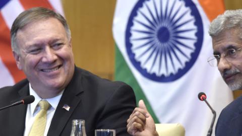 External Affairs Minister of India Subrahmanyam Jaishankar with US Secretary of State Mike Pompeo during a press conference, at Jawaharlal Nehru Bhawan, on June 26, 2019 in New Delhi, India. (Hindustan Times via Getty Images)